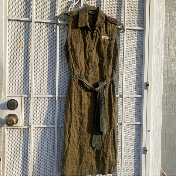 Bye women’s size S linen button front belted waist sleeveless army dress - Picture 5 of 12